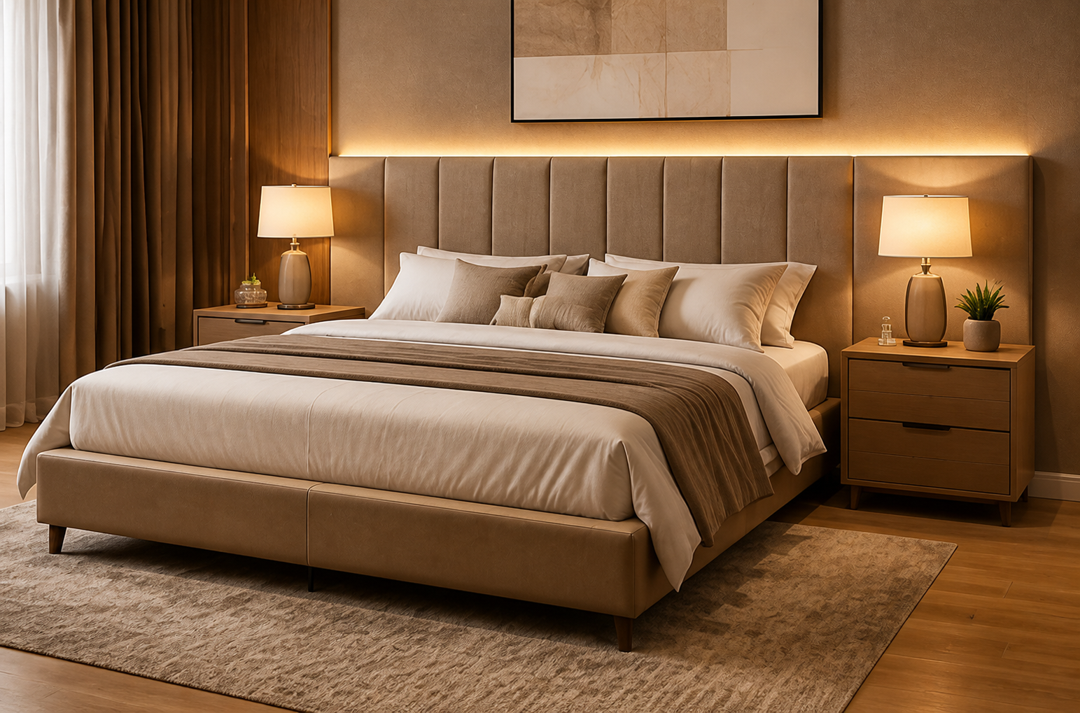 Quarto com cama estofada, cabeceira ampla e mesas laterais.