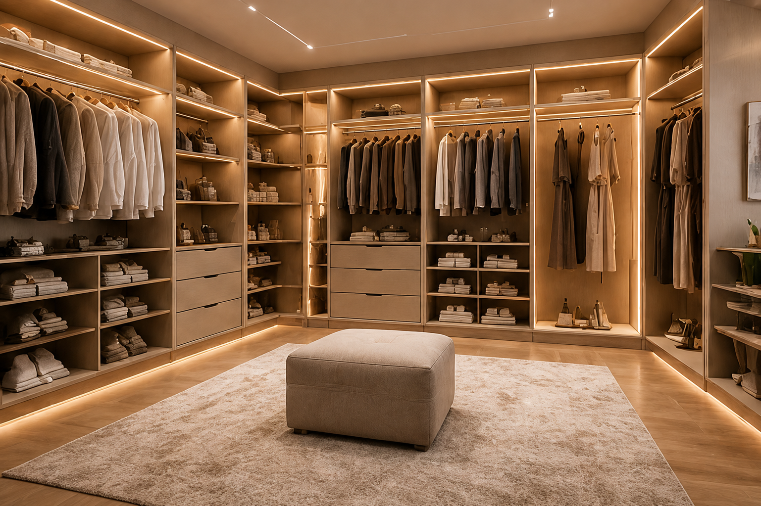 Closet planejado com nichos, gavetas, cabideiros e iluminação linear.