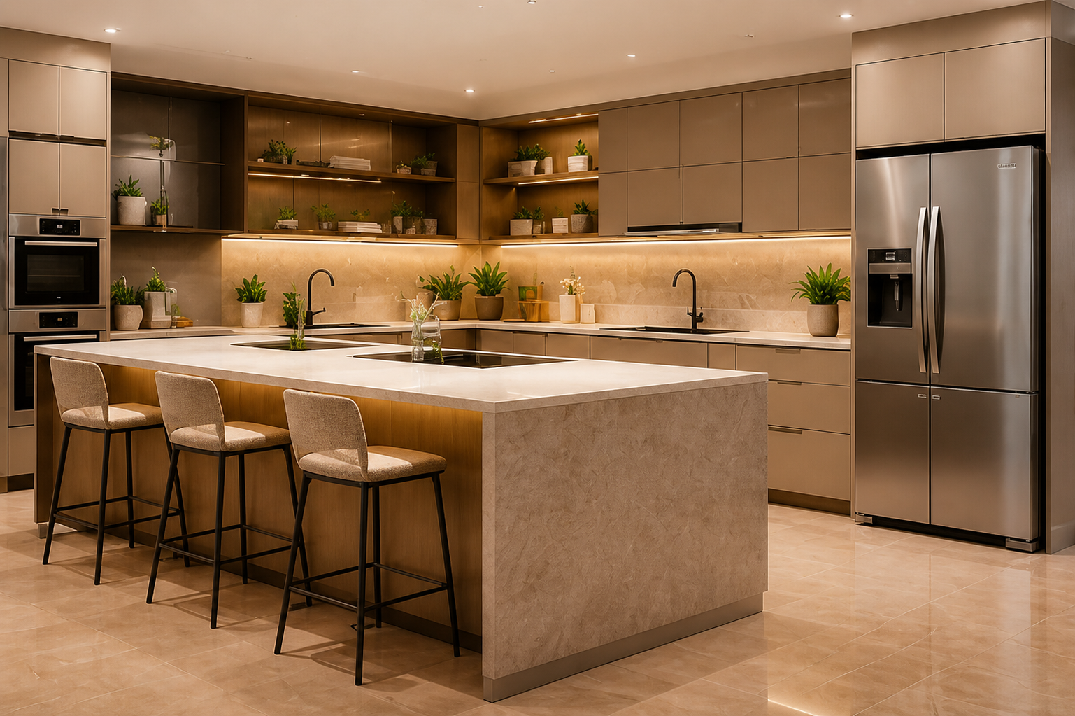 Cozinha planejada com ilha, armários em tons neutros e iluminação embutida.