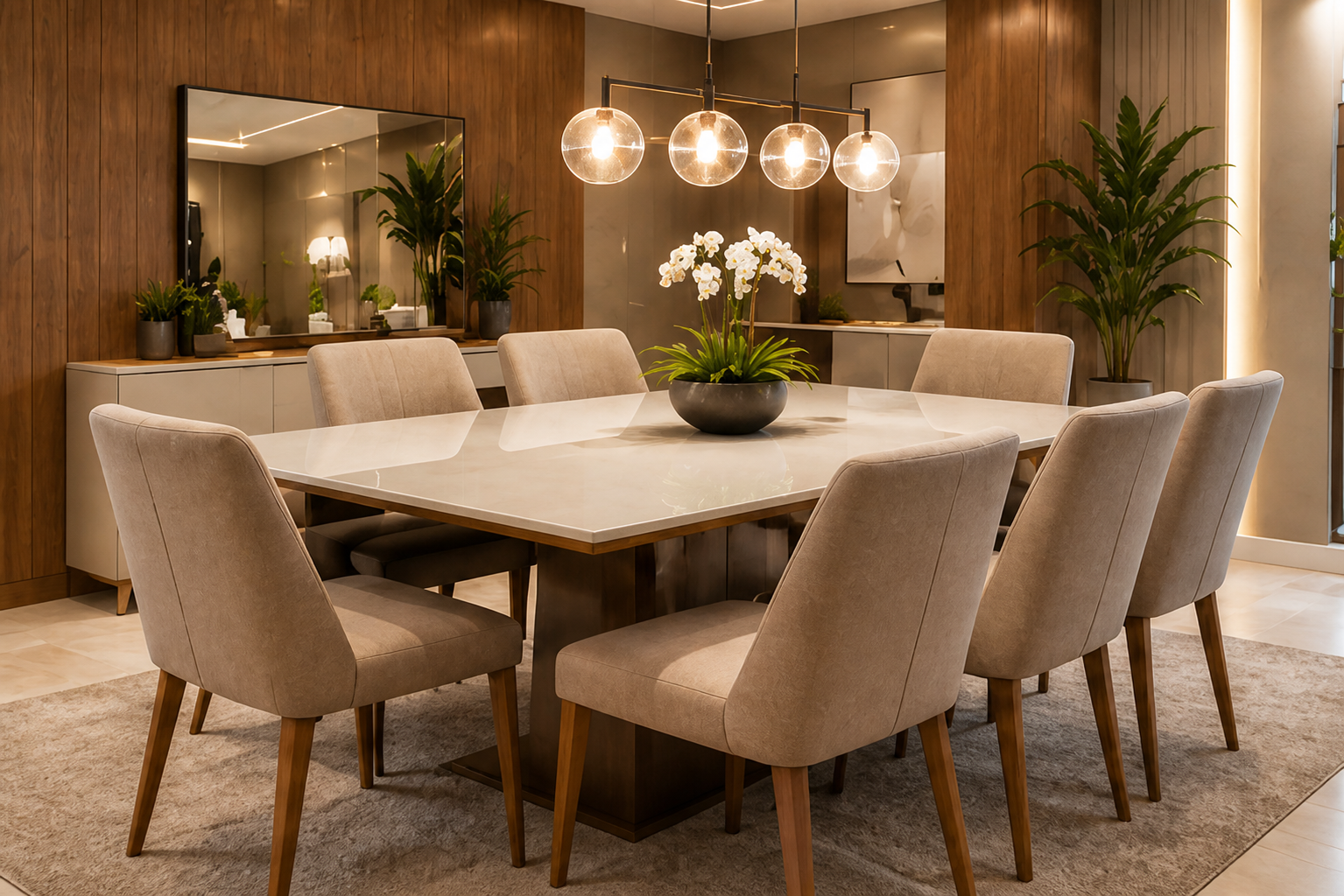 Sala de jantar com mesa ampla, cadeiras estofadas e marcenaria amadeirada.