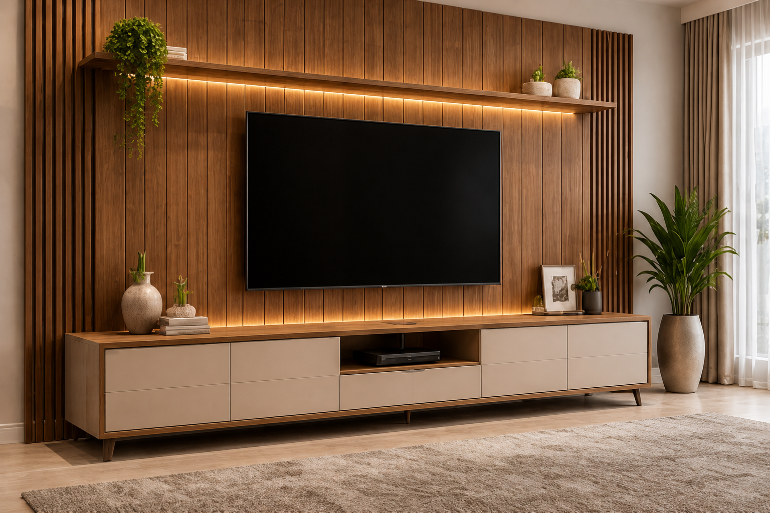 Sala com rack baixo, painel de madeira e iluminação indireta para a TV.