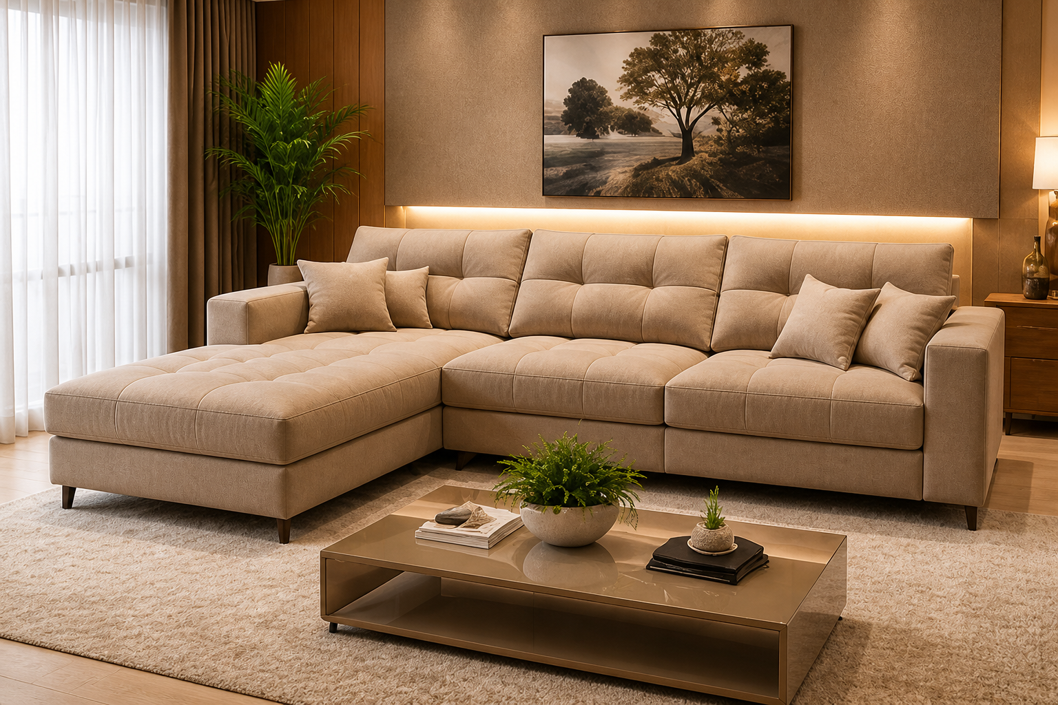 Sala com sofá em L, mesa de centro e iluminação indireta.